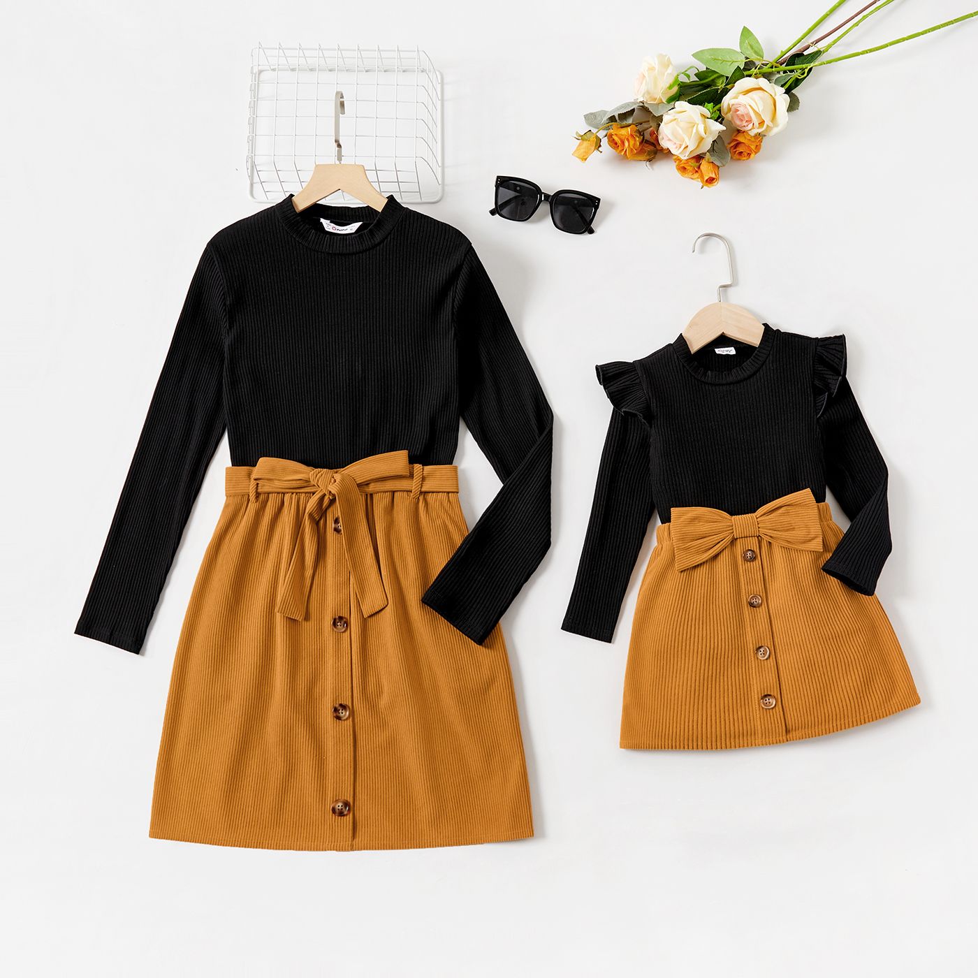 

Mommy and Me Solid Ribbed Long-sleeve Top and Button Front Corduroy Skirt Sets