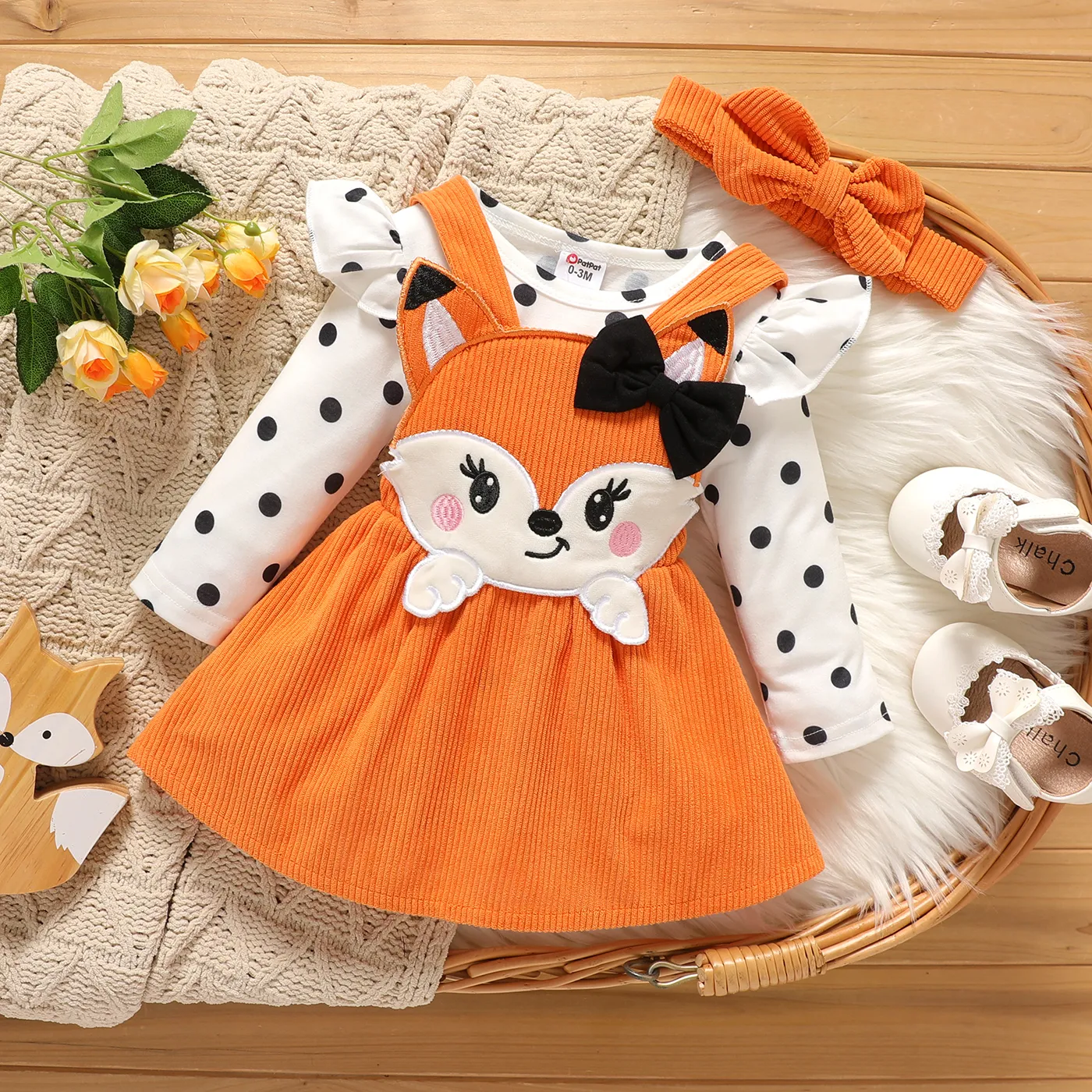 

3pcs Baby Girl Polka Dot Print Ruffle Long-sleeve Romper and Fox Design Corduroy Overall Dress with Headband Set