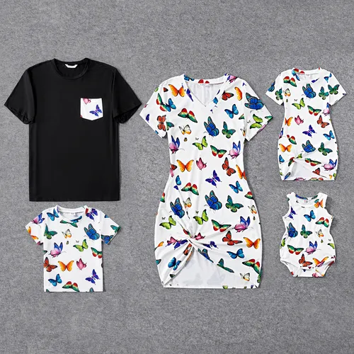 Family Matching Allover Butterfly Print Twist Knot Bodycon Dresses and Short-sleeve T-shirts Sets