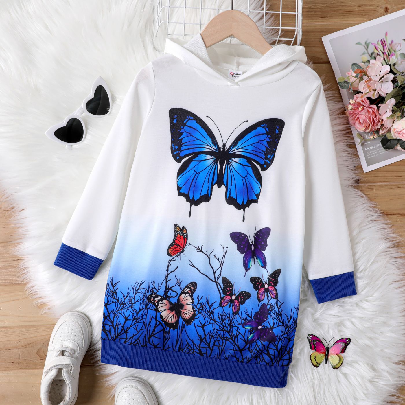 

Kid Girl Butterfly Print Colorblock Hooded Sweatshirt Dress