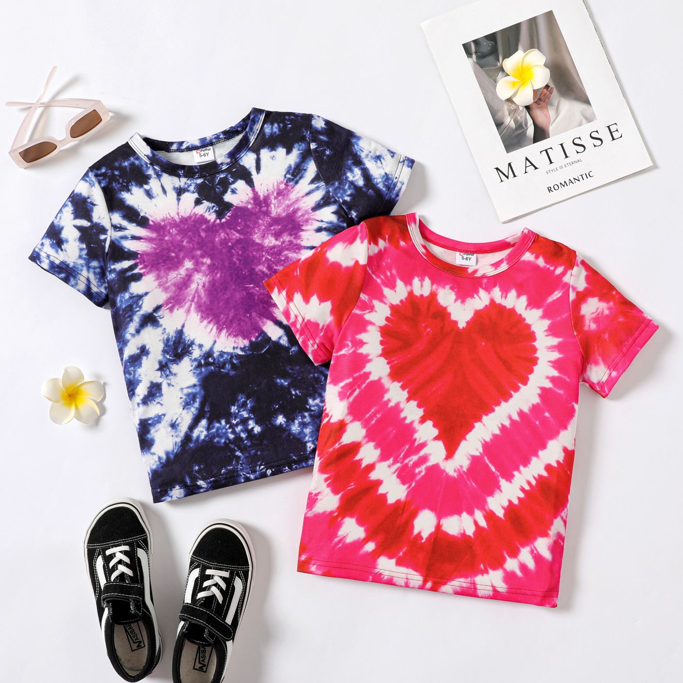 

Kid Girl Heart Print Tye Dyed Short-sleeve Tee or Raw Hem Denim Shorts