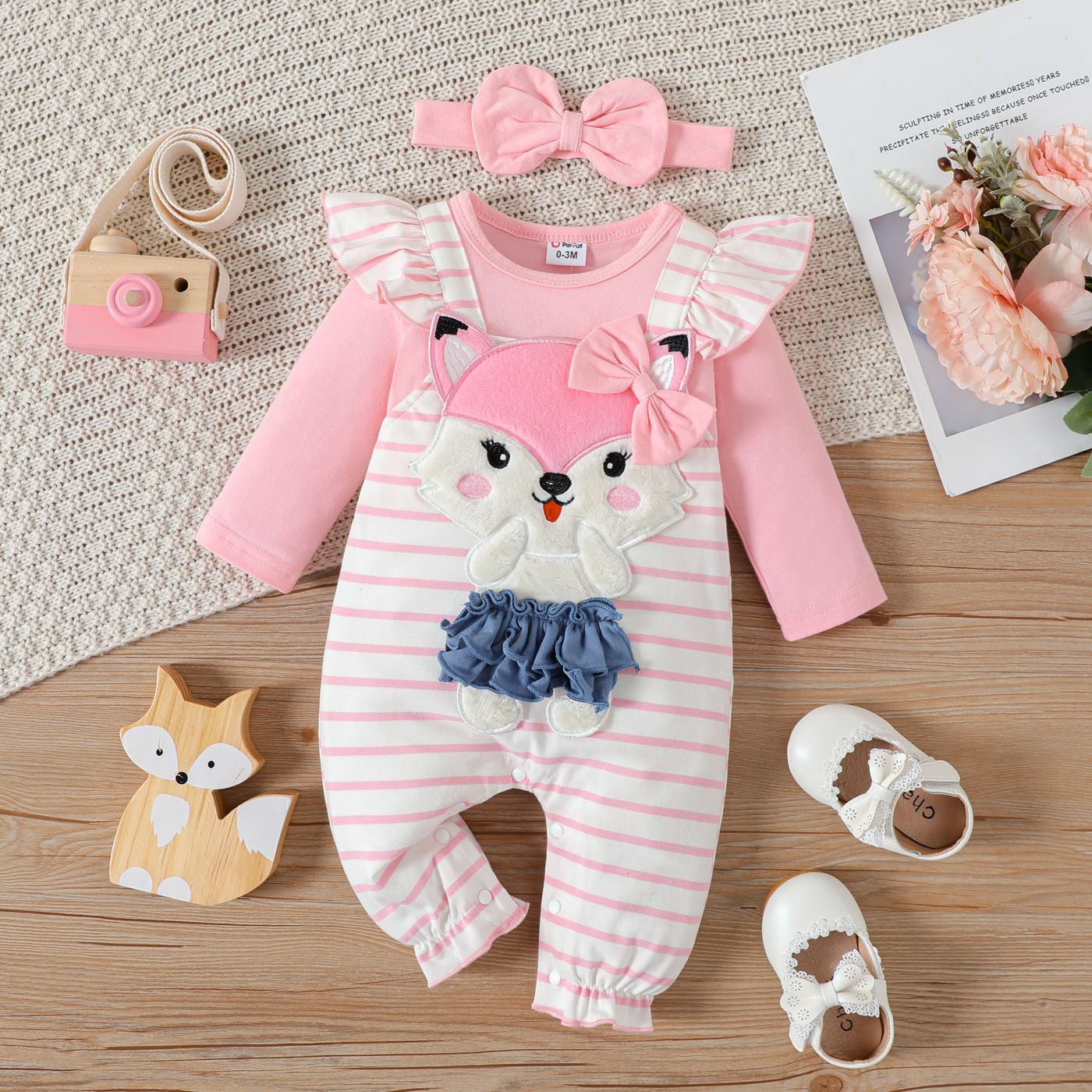 

2pcs Baby Girl 95% Cotton Fox Graphic Striped Faux-two Ruffle Long-sleeve Jumpsuit & Headband Set