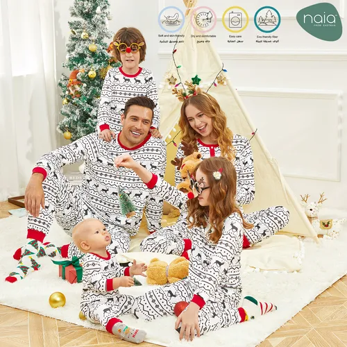Christmas Family Matching Allover Reindeer Print White Long-sleeve Naia™ Pajamas Sets (Flame Resistant)