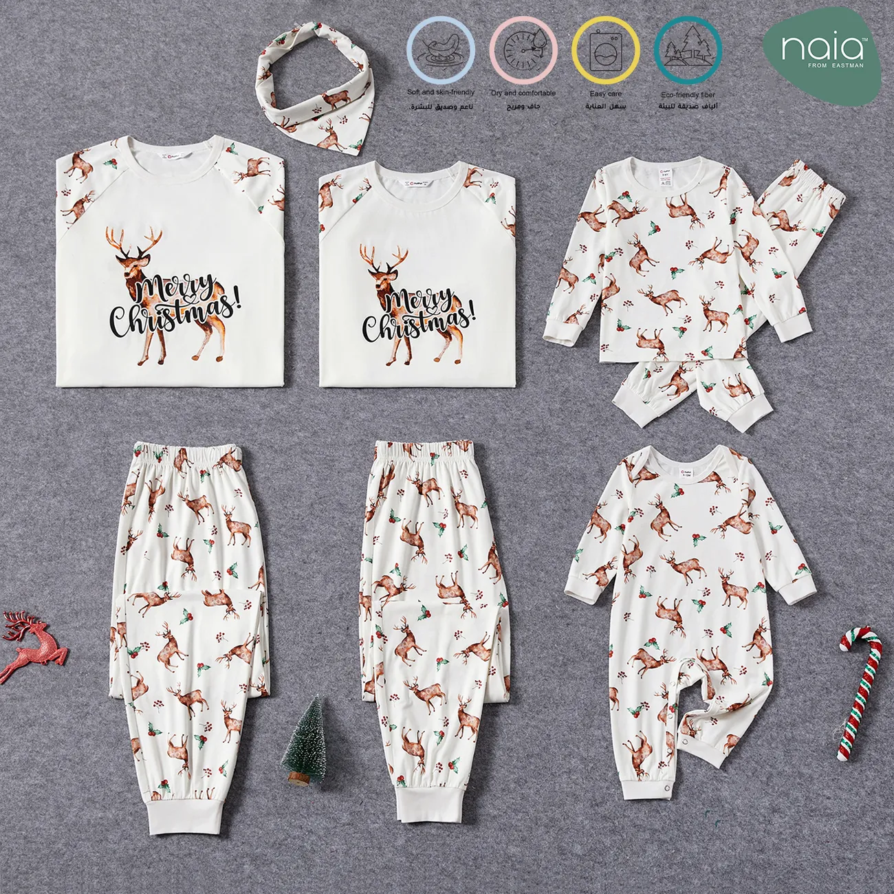 Christmas Family Matching Reindeer & Letter Print Long-sleeve Naia™ Pajamas Sets (Flame Resistant) White big image 1