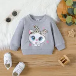 Baby Girl Cat Print Long-sleeve Pullover Sweatshirt Flecked Grey