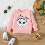 Baby Girl Cat Print Long-sleeve Pullover Sweatshirt Pink
