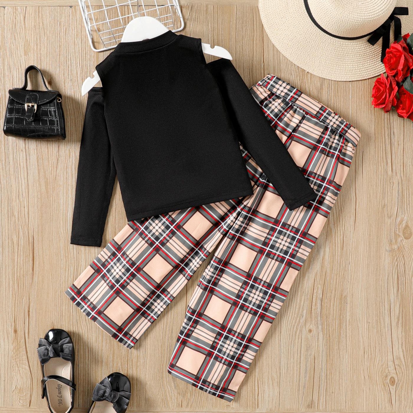 

2pcs Kid Girl Cold Shoulder Long-sleeve Black Tee and Plaid Pants Set