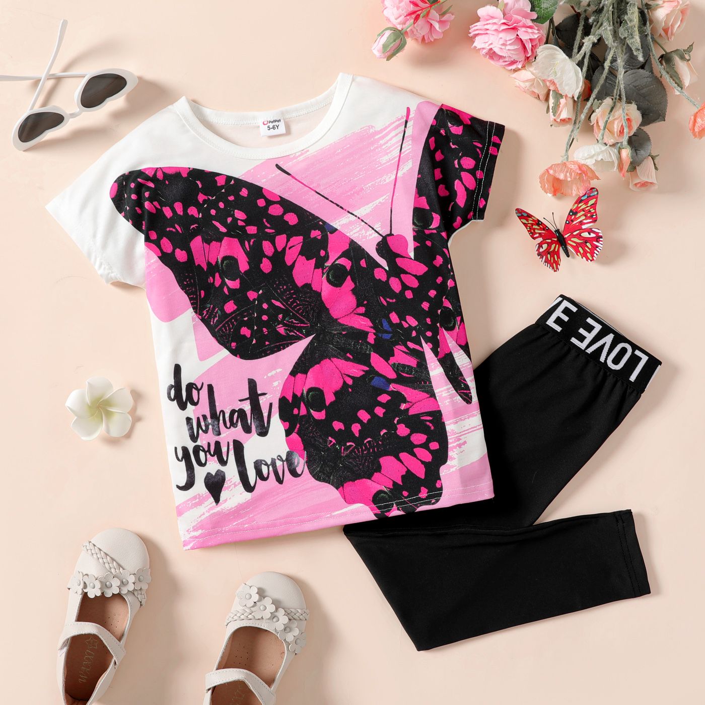 

2pcs Kid Girl Butterfly Print Short-sleeve Tee and Letter Print Leggings Set