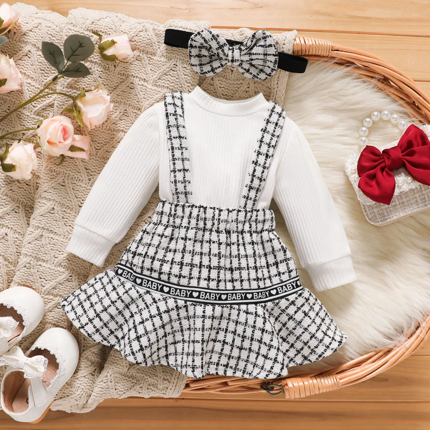 

3pcs Baby Girl 95% Cotton Ribbed Mock Neck Long-sleeve Romper and Tweed Suspender Skirt with Headband Set
