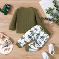 2pcs Baby Boy Solid Cotton Ribbed Long-sleeve Pullover and Allover Dinosaur Print Pants Set  image 2