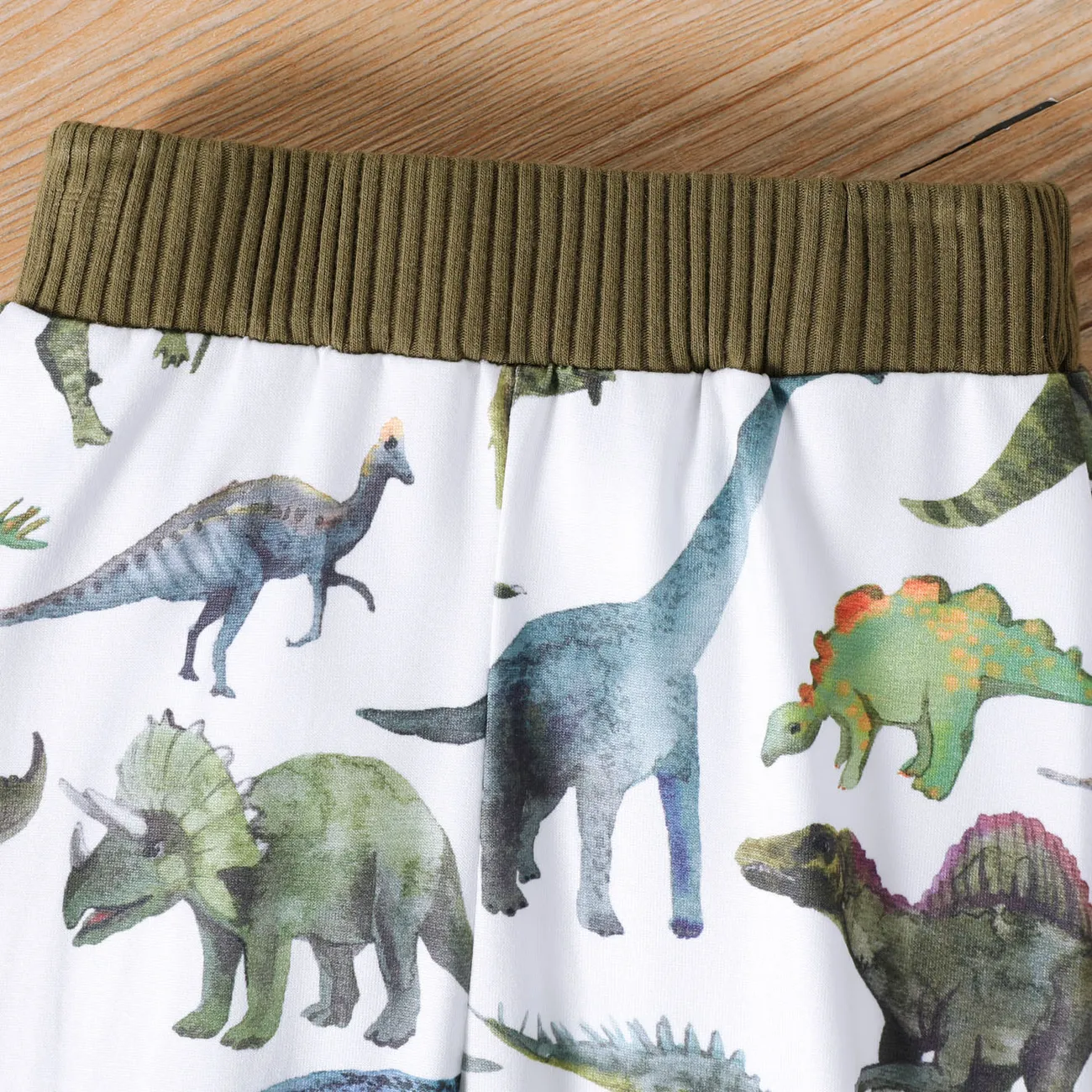 2pcs Baby Boy Solid Cotton Ribbed Long-sleeve Pullover and Allover Dinosaur Print Pants Set Army green big image 1