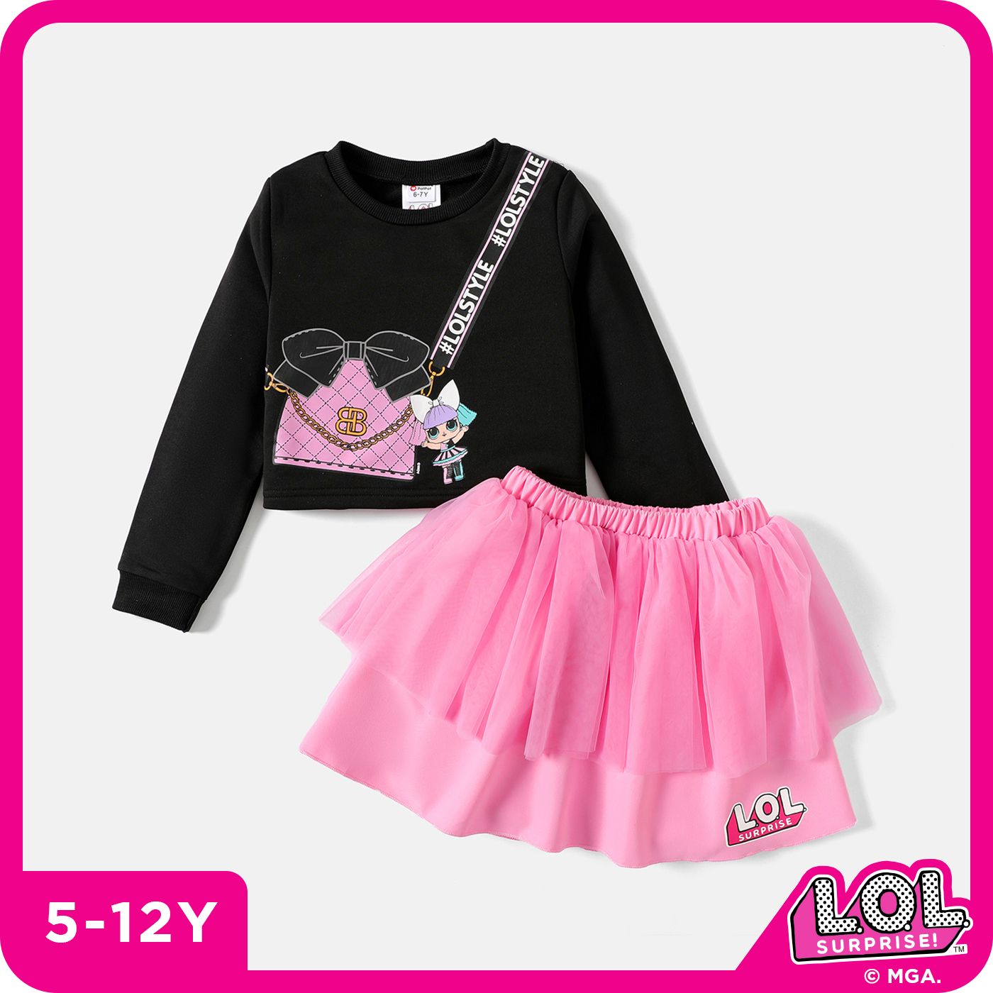 L.O.L. SURPRISE! 2pcs Kid Girl Bag Print Black Sweatshirt and Mesh Skirt Set