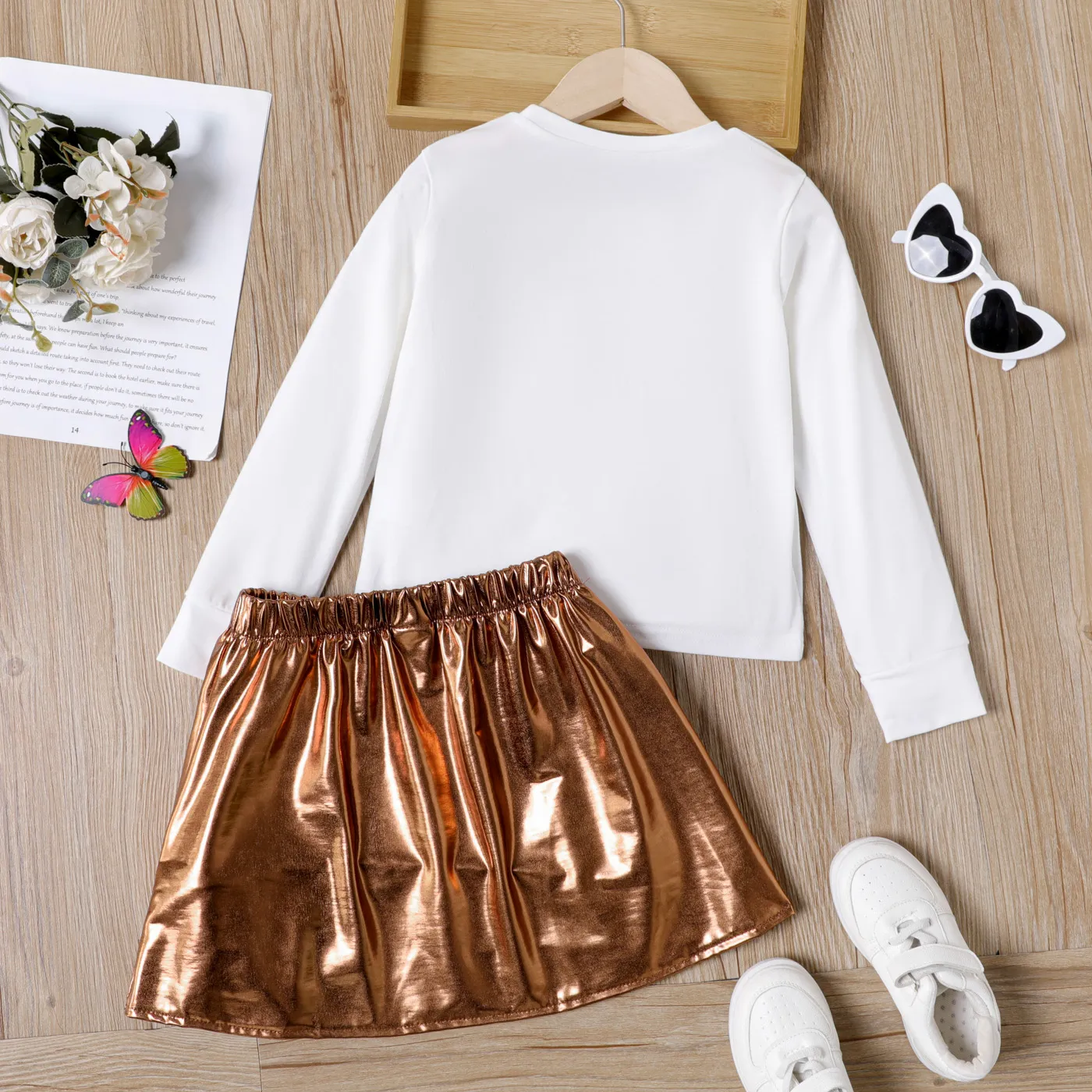 2pcs Kid Girl Butterfly Print Long-sleeve Tee and Metallic Skirt Set White image 2