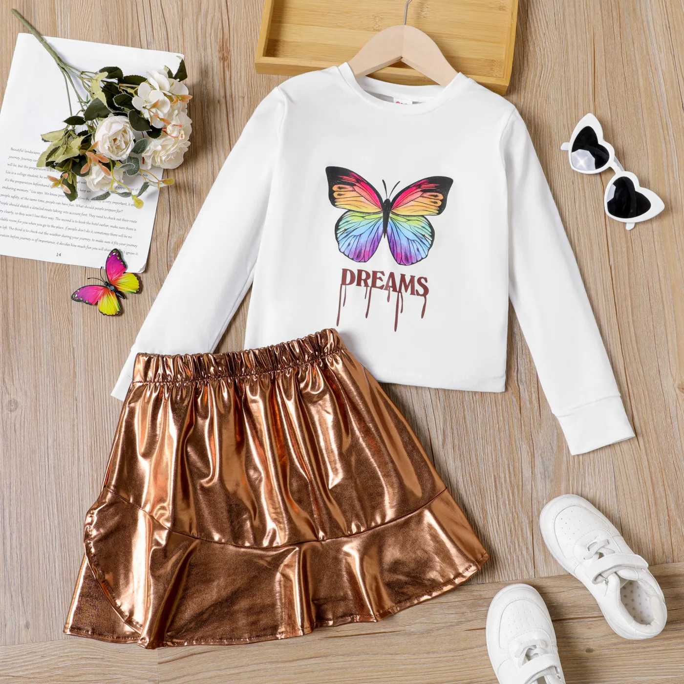 2pcs Kid Girl Butterfly Print Long-sleeve Tee and Metallic Skirt Set White big image 1