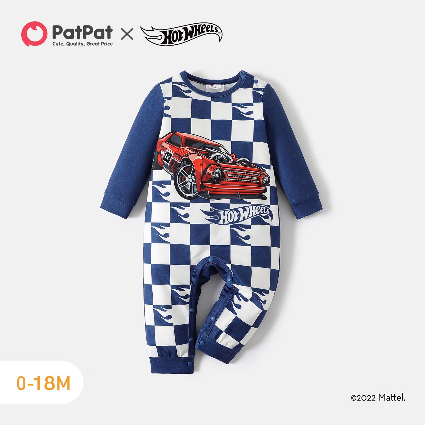 Hot Wheels Baby Boy Blue Checkered Graphic Long-sleeve Jumpsuit