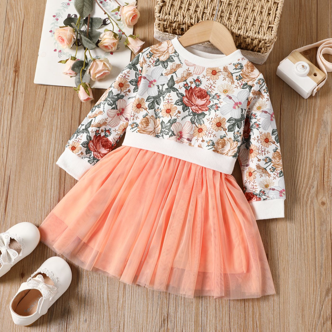 

Toddler Girl Faux-two Sweet Floral Print Mesh Splice Dress