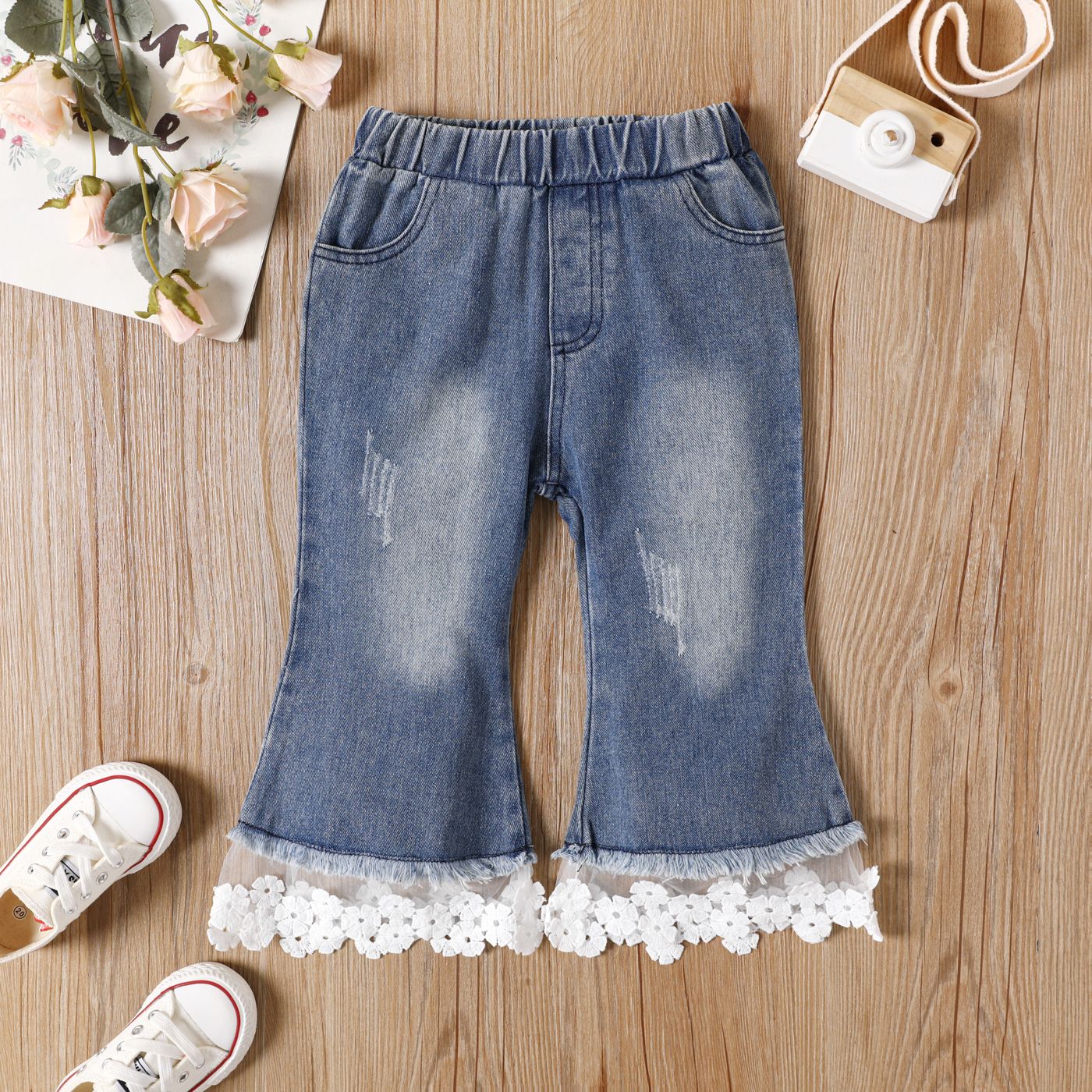 

Toddler Girl Trendy Lace Splice Denim Flared Jeans