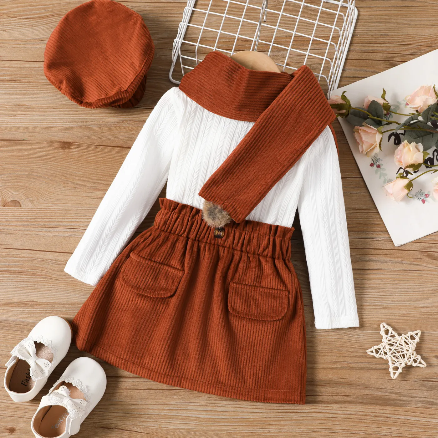 

4pcs Toddler Girl Preppy style Beret Cap and Scarf & Mock Neck Tee and Corduroy Skirt Set