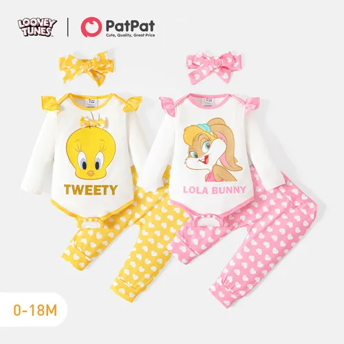 Looney Tunes 3pcs Baby Girl 95% Cotton Ruffle Long-sleeve Graphic Romper and Allover Heart Print Pants with Headband Set