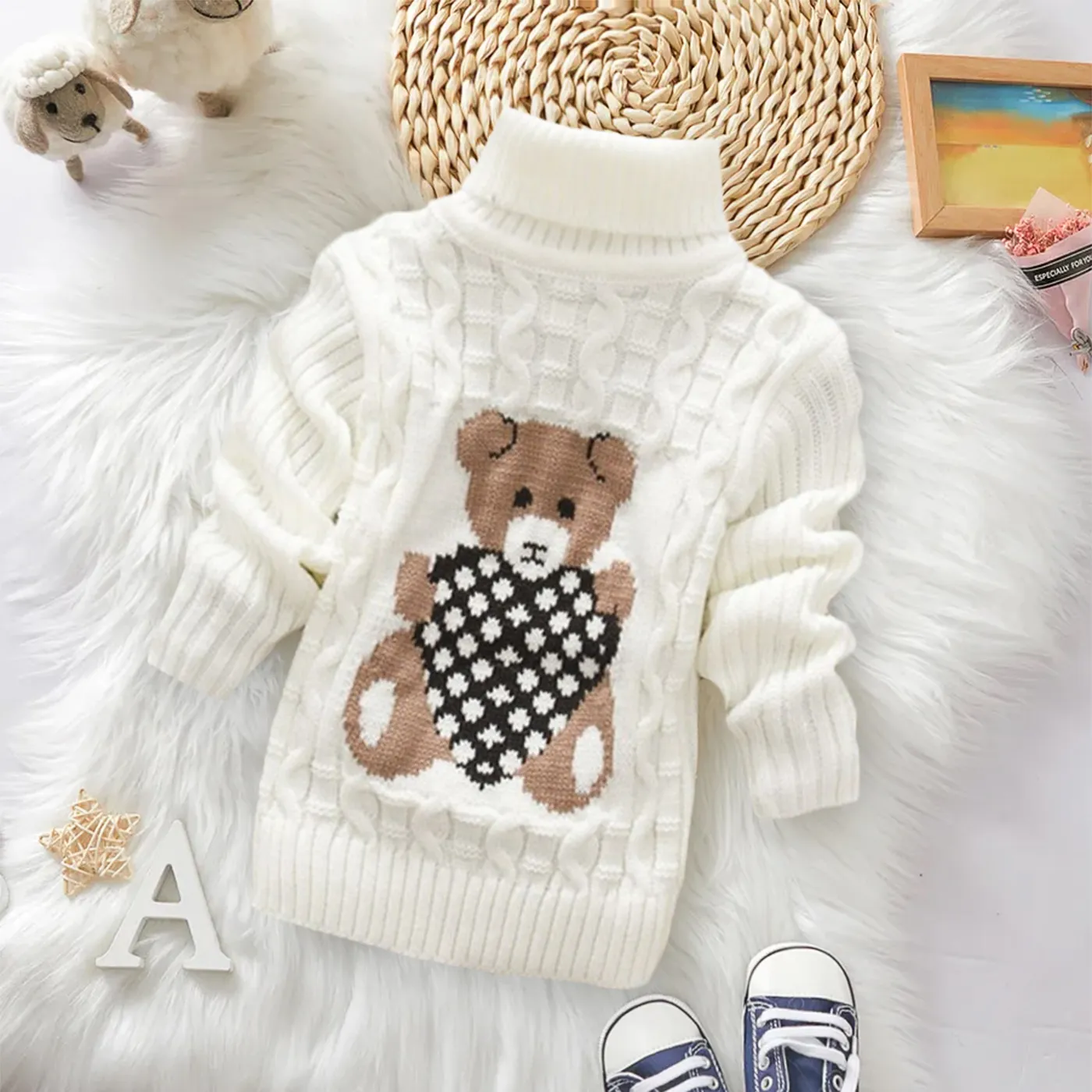 Kleinkinder Unisex Stehkragen Kindlich Bär Pullover weiß big image 1