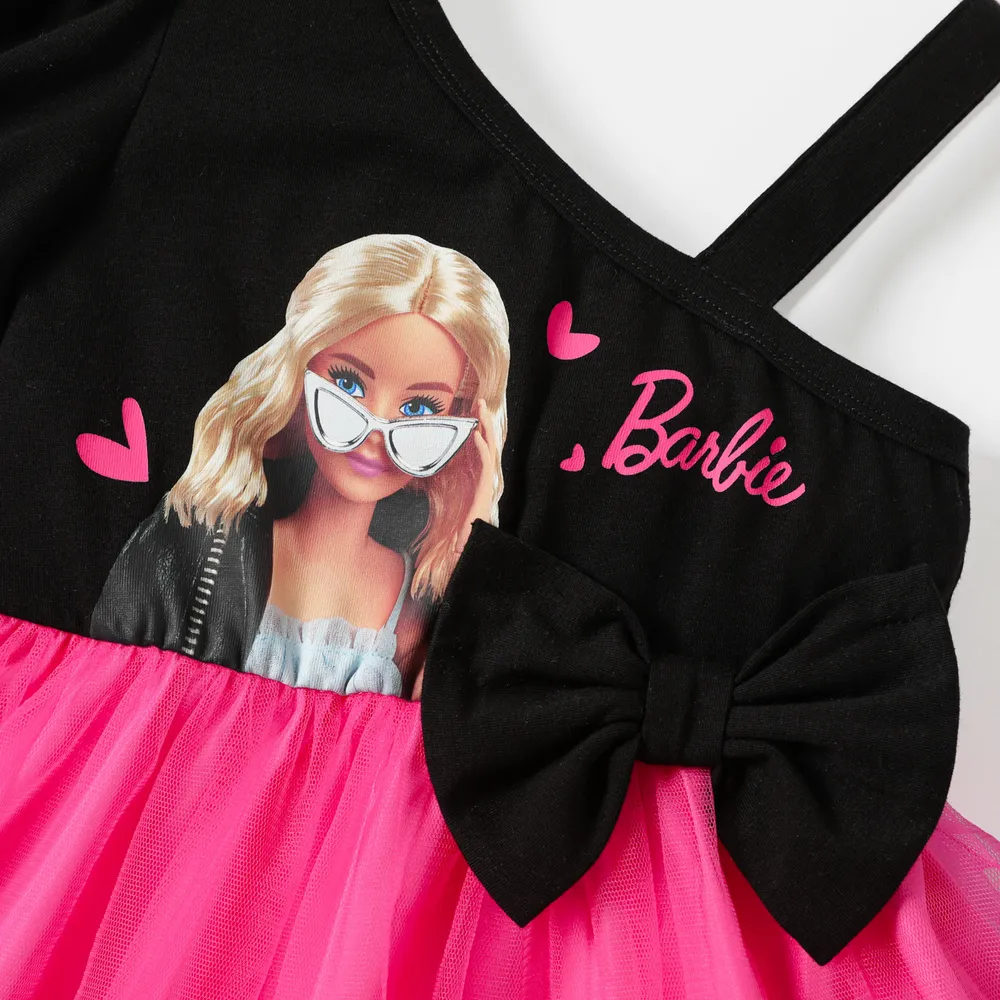 Barbie Toddler Girl Mother's Day Bowknot Design Cotton One Shoulder Mesh Splice Dress big image 4