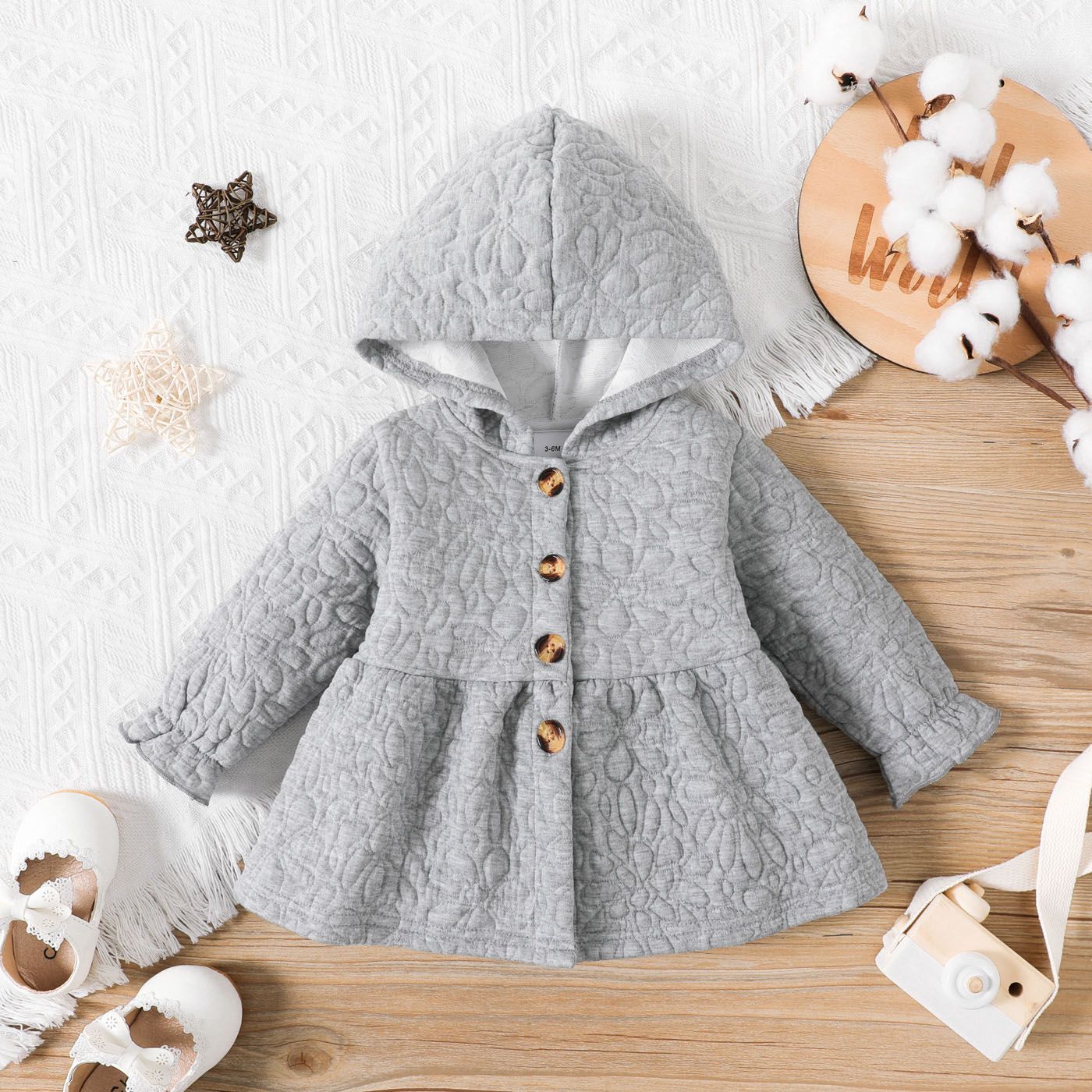 

Baby Girl Grey Thickened Textured Hooded Long-sleeve Single Breasted Coat