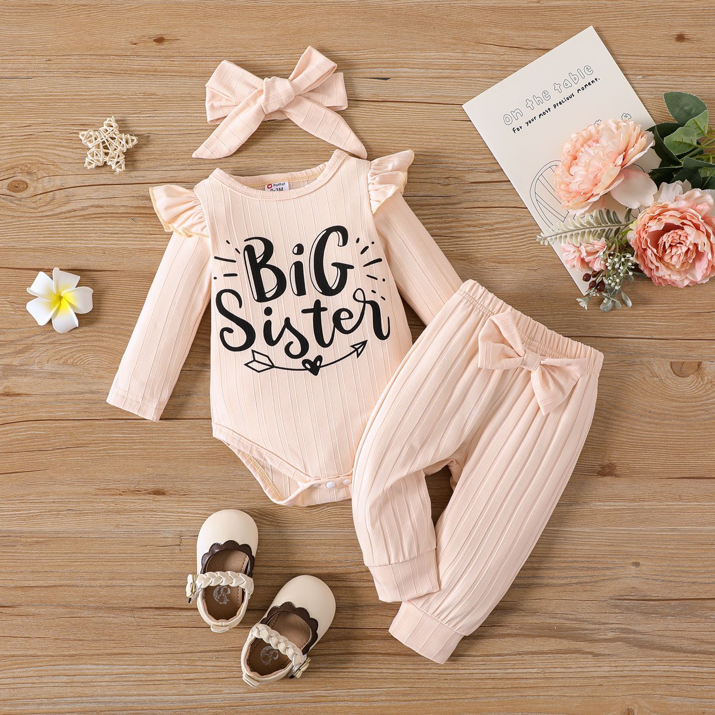 

3pcs Baby Girl Letter Print Ruffle Trim Long-sleeve Romper and Bow Front Pants & Headband Set