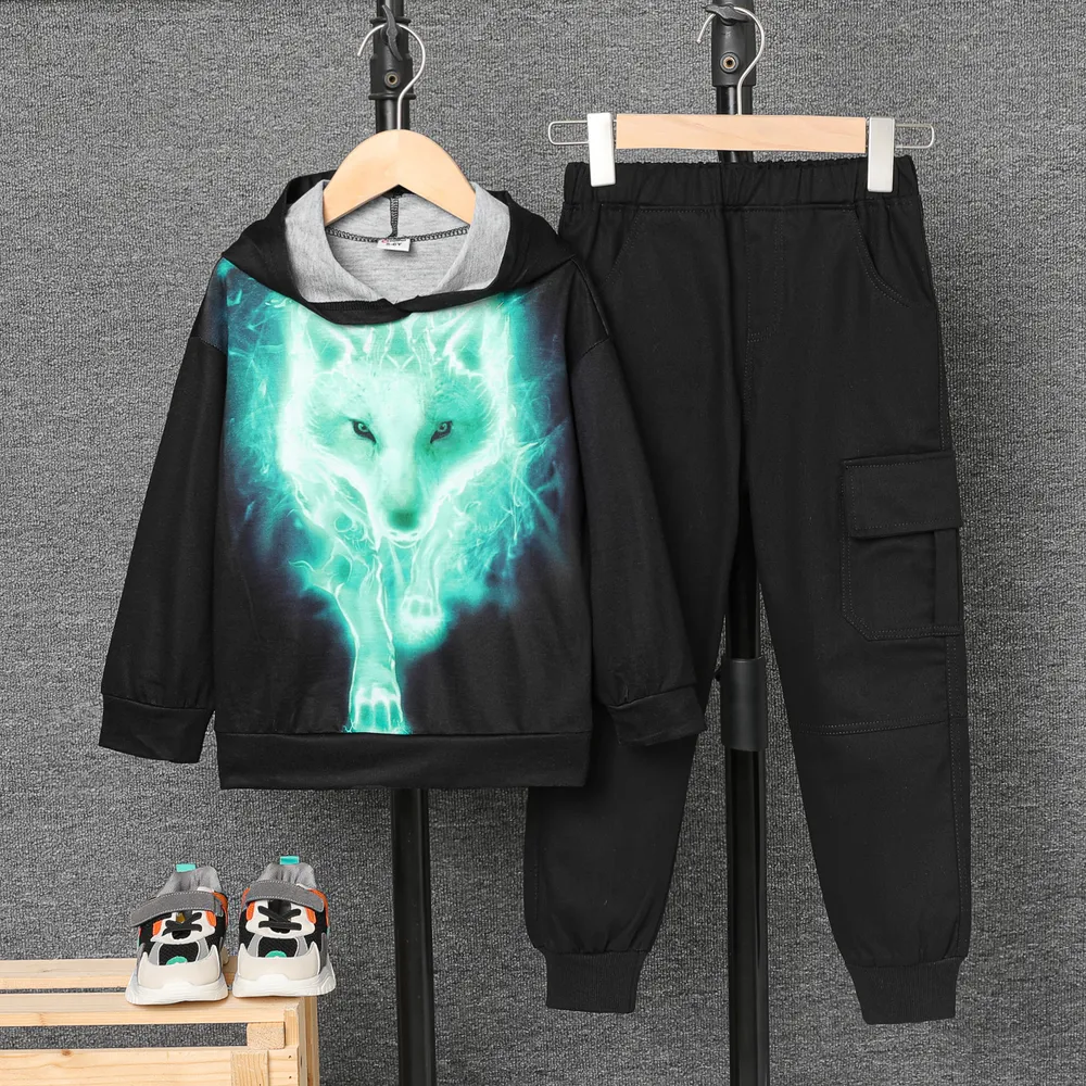 Kid Boy Trendy Animal Wolf Print Hoodie Sweatshirt big image 3