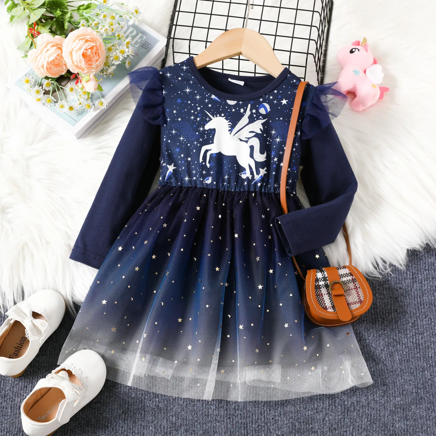

Toddler Girl Playful Unicorn Print Mesh Splice Long-sleeve Dress