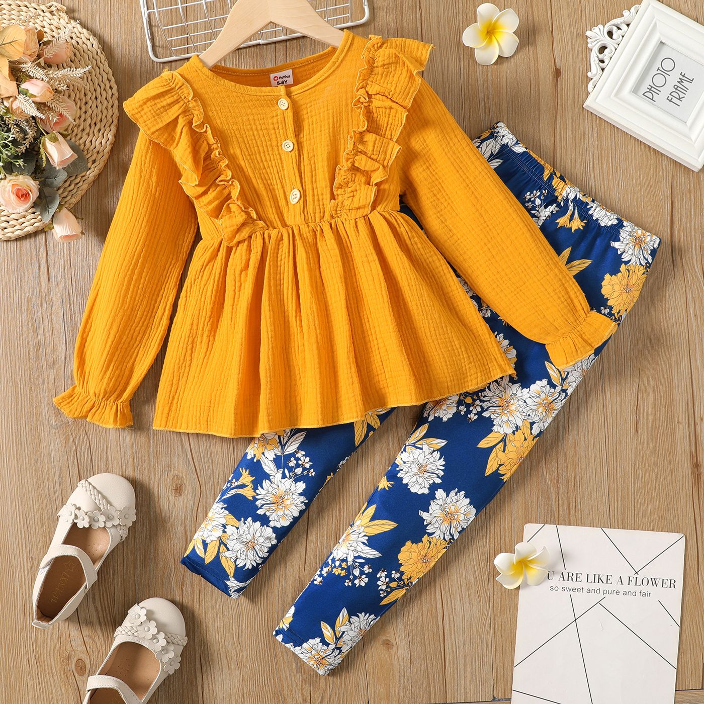 

2pcs Kid Girl Ruffled Button Design Long-sleeve Tee and Floral Print Leggings Set