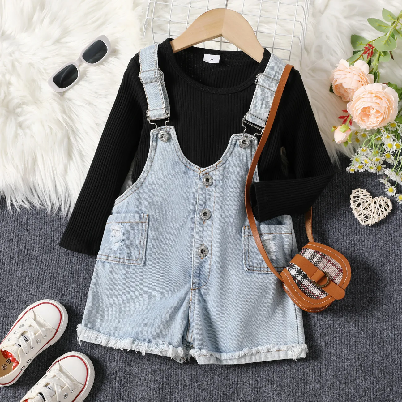 2pcs Toddler Girl Trendy Adjustable Cotton Denim Overalls Shorts and Ribbed Tee Set Black big image 1