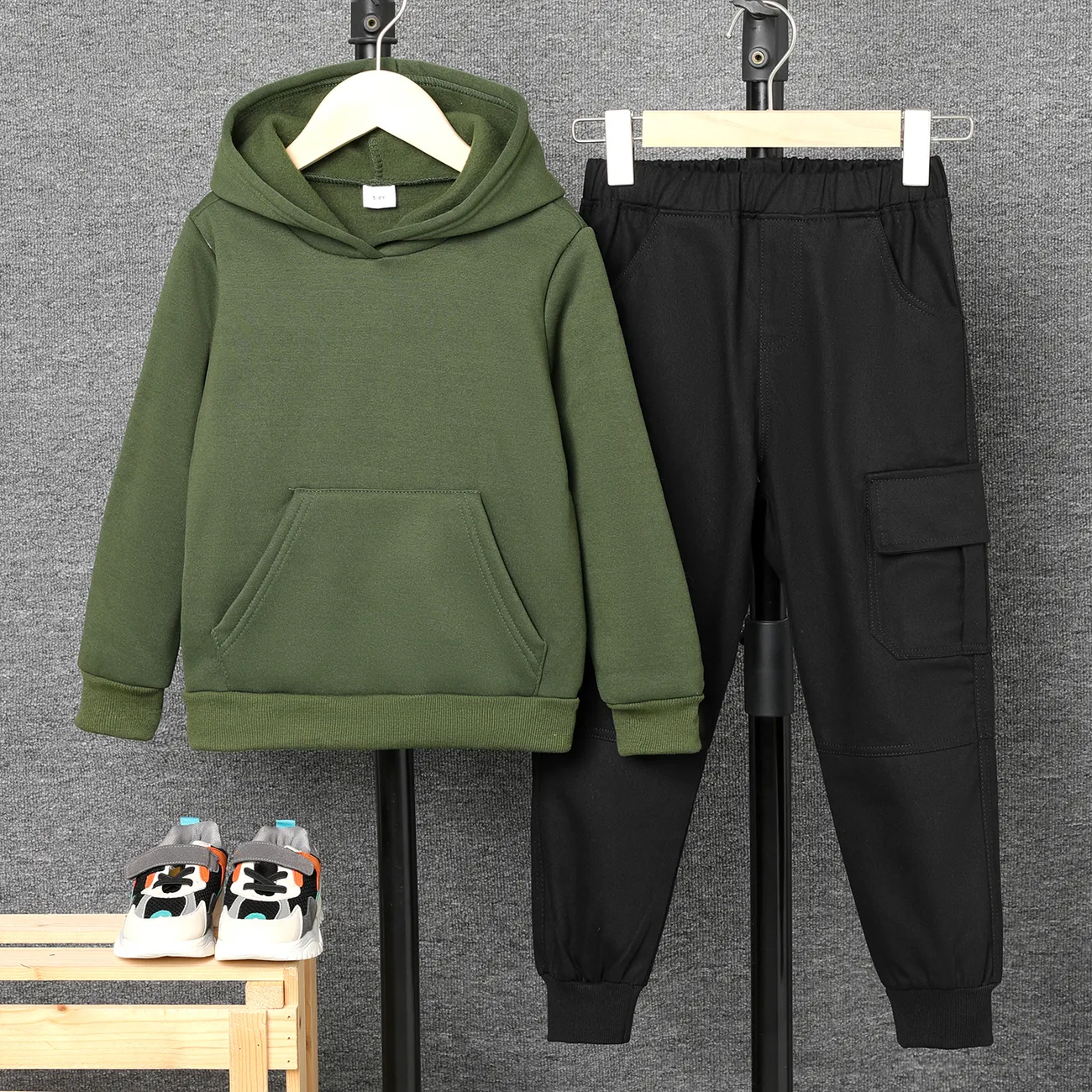 Kid Boy/Kid Girl Fleece Lined Solid Pocket Design Hoodie Sweatshirt Army green big image 1