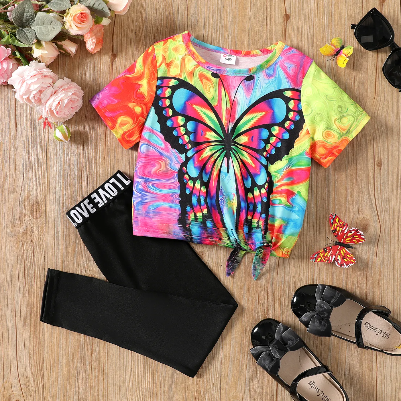 

2pcs Kid Girl Butterfly Print Tie Knot Short-sleeve Tee and Letter Print Leggings Set