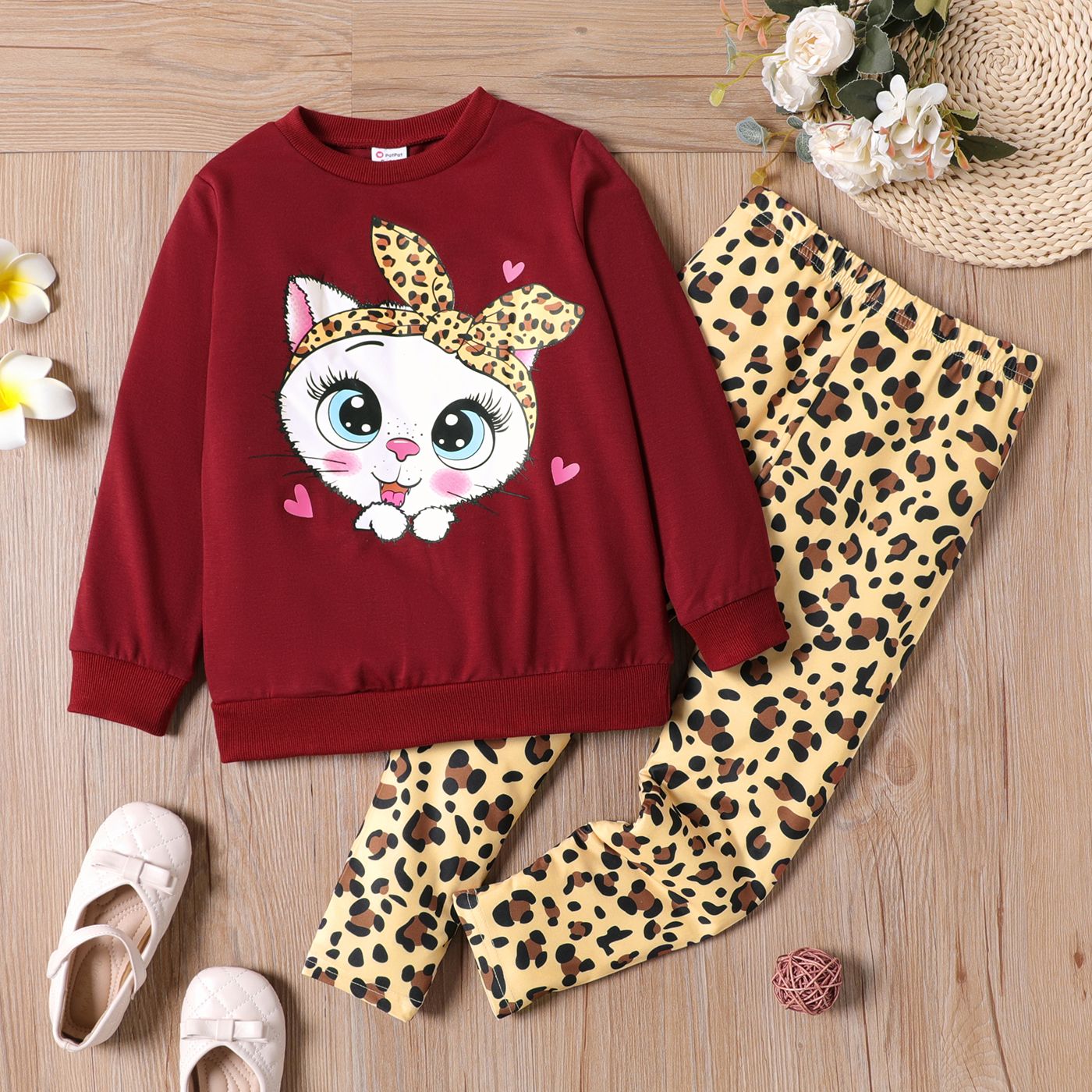 

2pcs Kid Girl Cute Kitty Print Sweatshirt and Elasticized Leopard Print Leggings Set