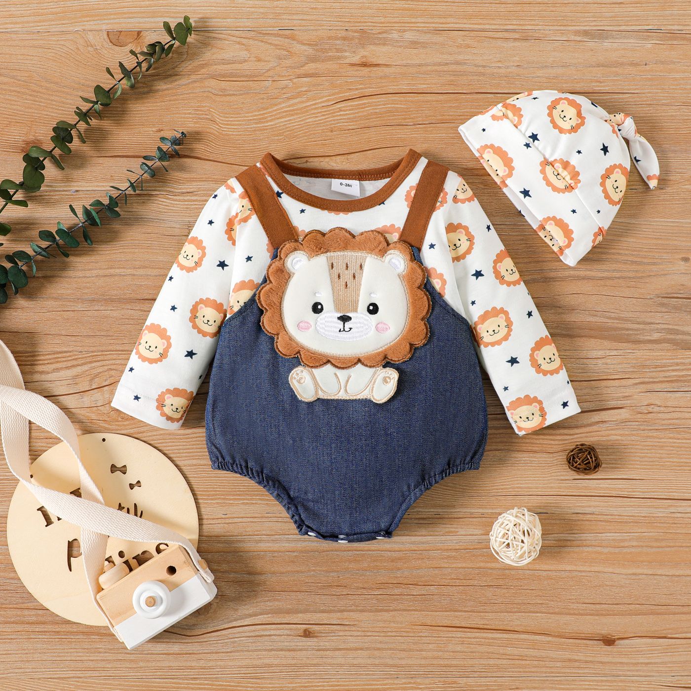 

Baby Boy/Girl Lion Print Long-sleeve Faux-two Imitation Denim Romper & Hat Set