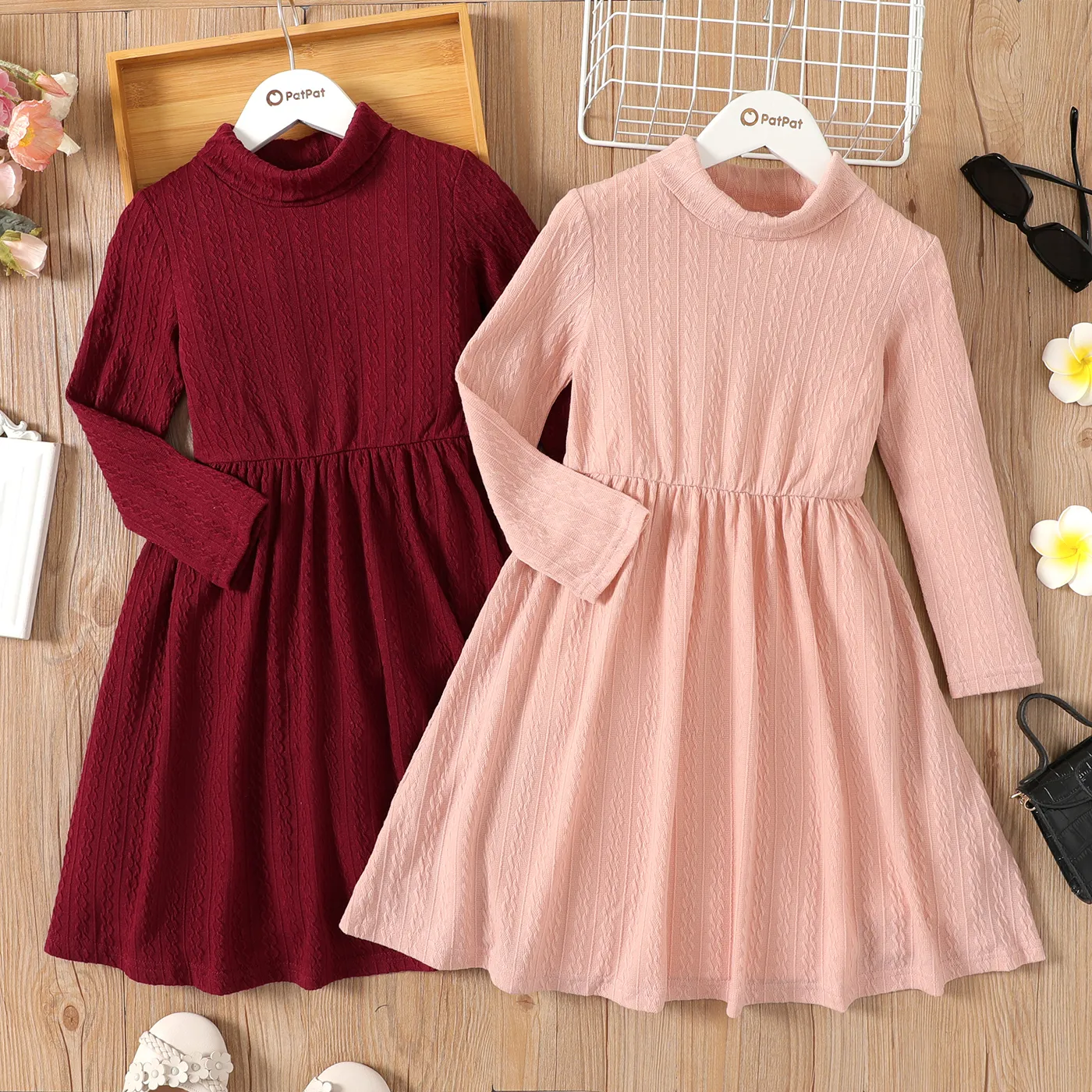 Kid Girl Turtleneck Solid Color Textured Long-sleeve Dress