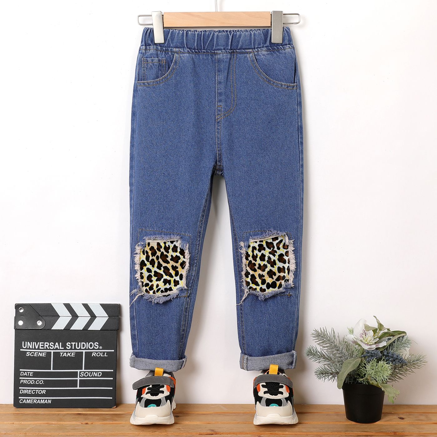 

Kid Girl Leopard Print Patchwork Ripped Denim Jeans