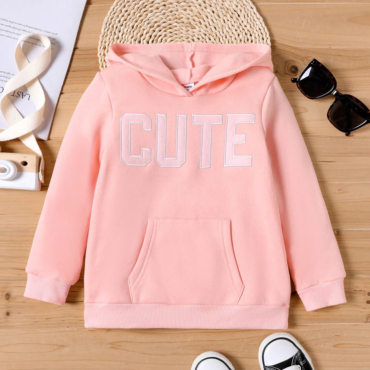 Kid Girl Sweet Letter Embroidered Fleece Lined Pink Hoodie Sweatshirt