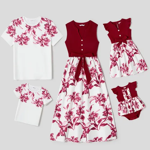 Family Matching Solid Ribbed Spliced Floral Print Naia™ Dresses and Short-sleeve T-shirts Sets