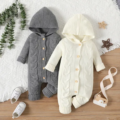 Baby Boy/Girl Solid Knitted Hooded Long-sleeve Button Jumpsuit
