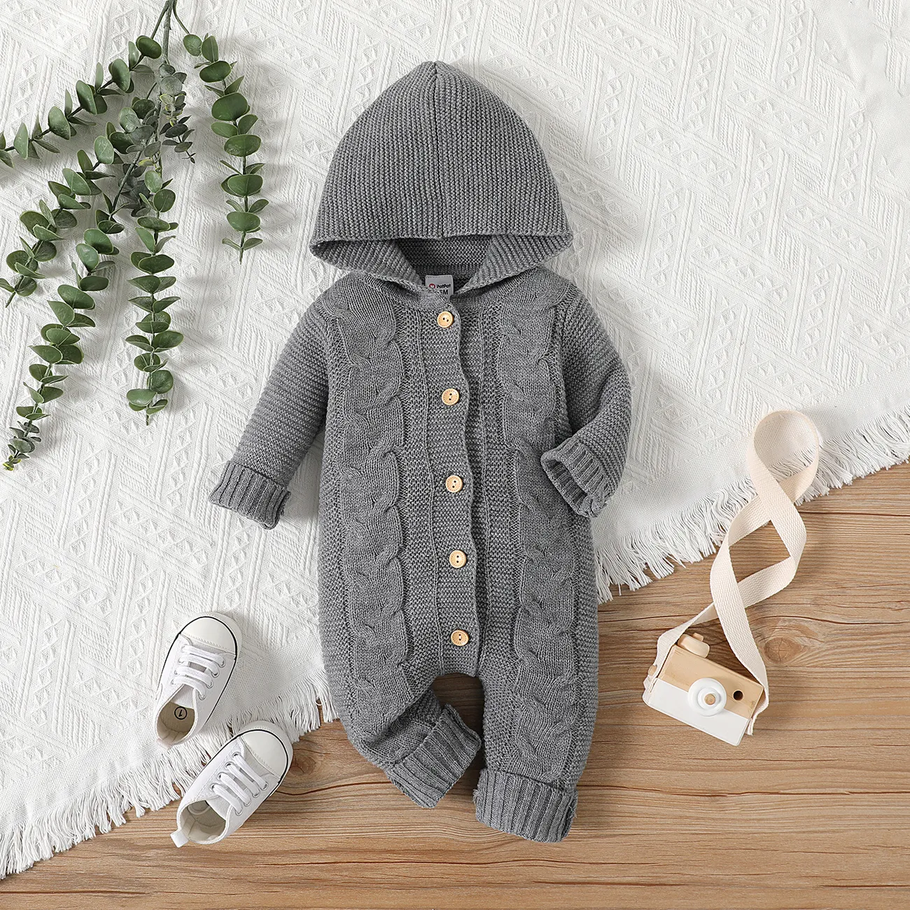 Baby Boy/Girl Solid Knitted Hooded Long-sleeve Button Jumpsuit  big image 1