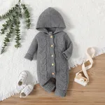 Baby Boy/Girl Solid Knitted Hooded Long-sleeve Button Jumpsuit Flecked Grey