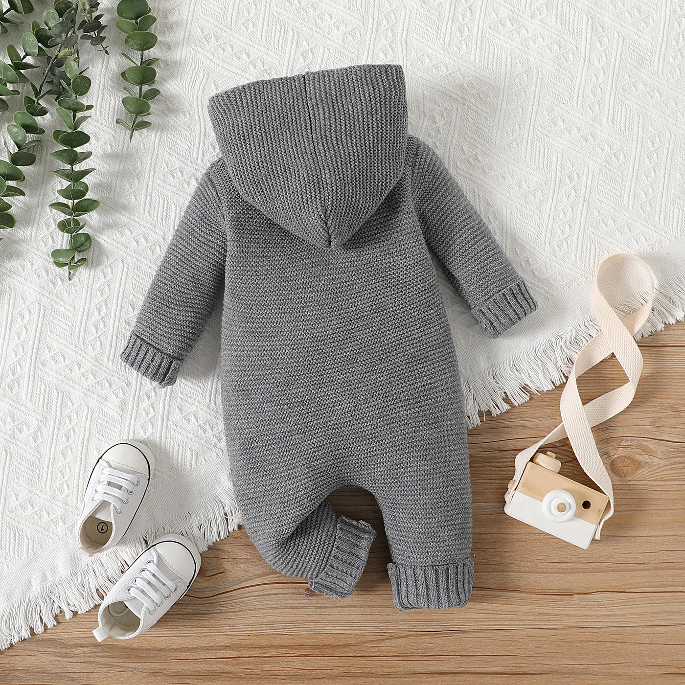 Baby Boy/Girl Solid Knitted Hooded Long-sleeve Button Jumpsuit  image 3