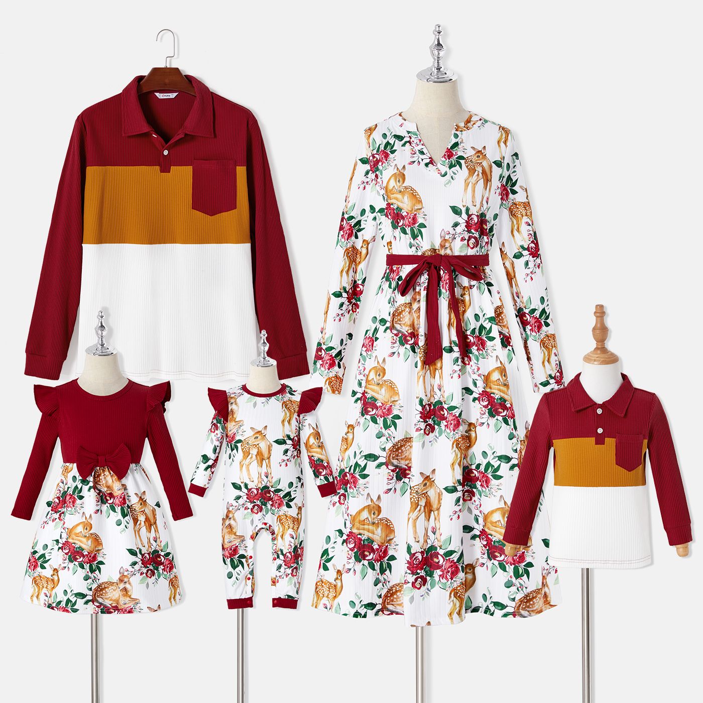 

Family Matching Allover Floral Print Rib Knit Long-sleeve Dresses and Colorblock Polo Shirts Sets