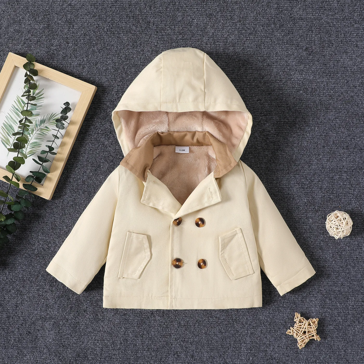 Baby Boy/Girl Khaki Hooded Double Breasted Coat  big image 1