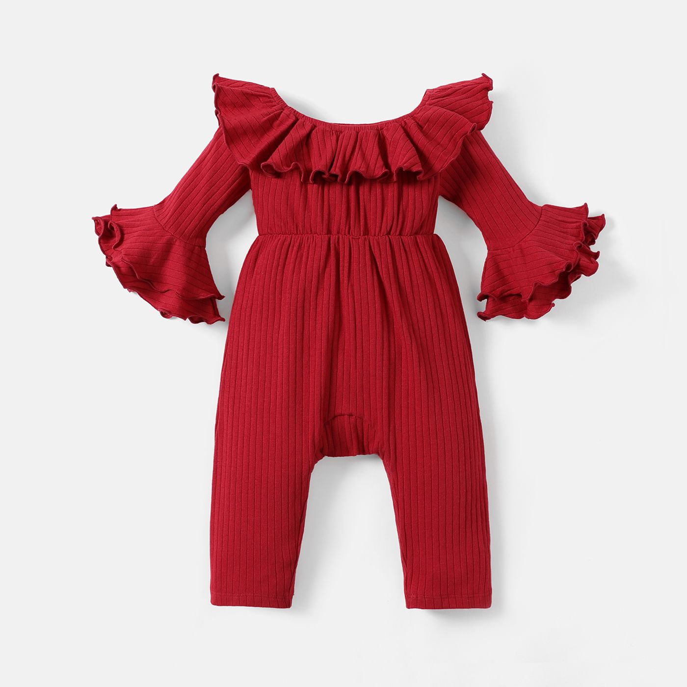 Baby Girl Solid Cotton Ribbed Off Shoulder Flare-sleeve Jumpsuit