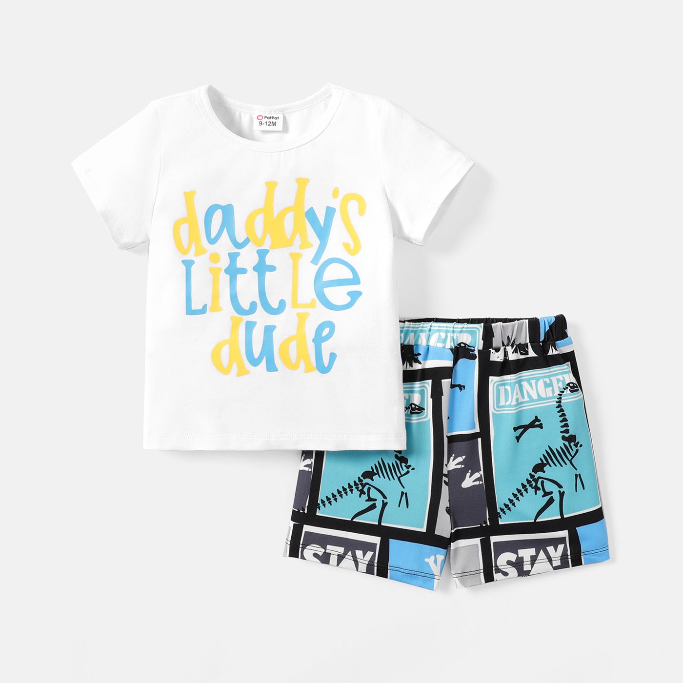 2pcs Baby Boy Cotton Short-sleeve Letter Graphic Tee and Dinosaur Print Shorts Set