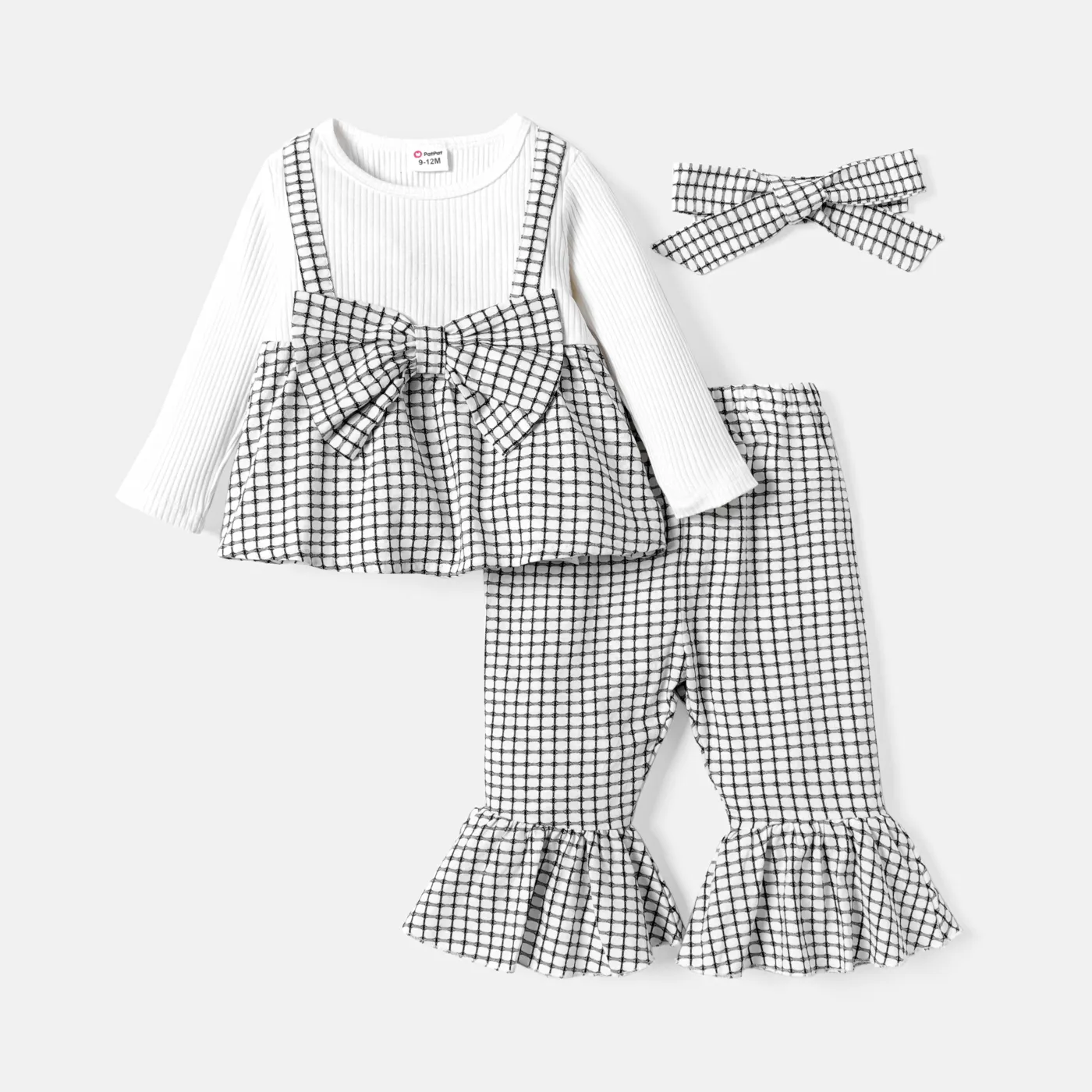 3pcs Baby Girl Solid Cotton Ribbed Long-sleeve Faux-two Gingham Print Bow Front Top and Flared Pants & Headband Set White big image 1