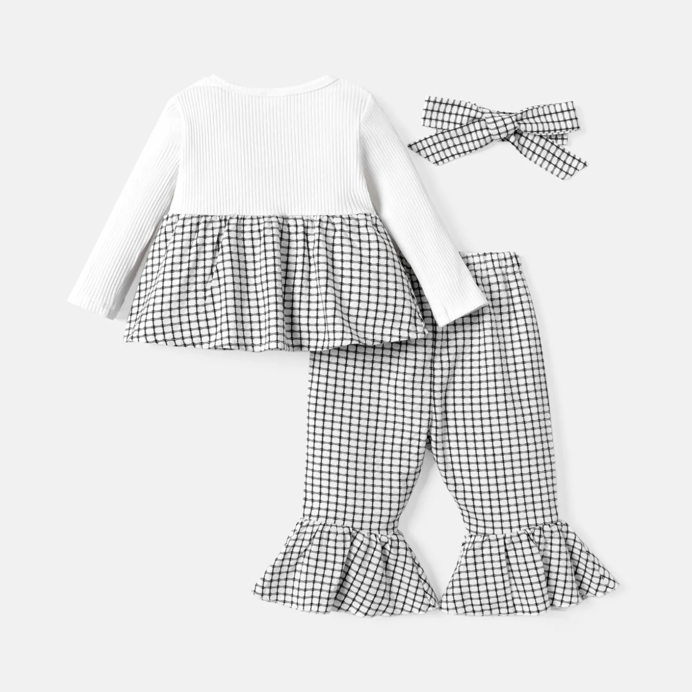3pcs Baby Girl Solid Cotton Ribbed Long-sleeve Faux-two Gingham Print Bow Front Top and Flared Pants & Headband Set White image 2