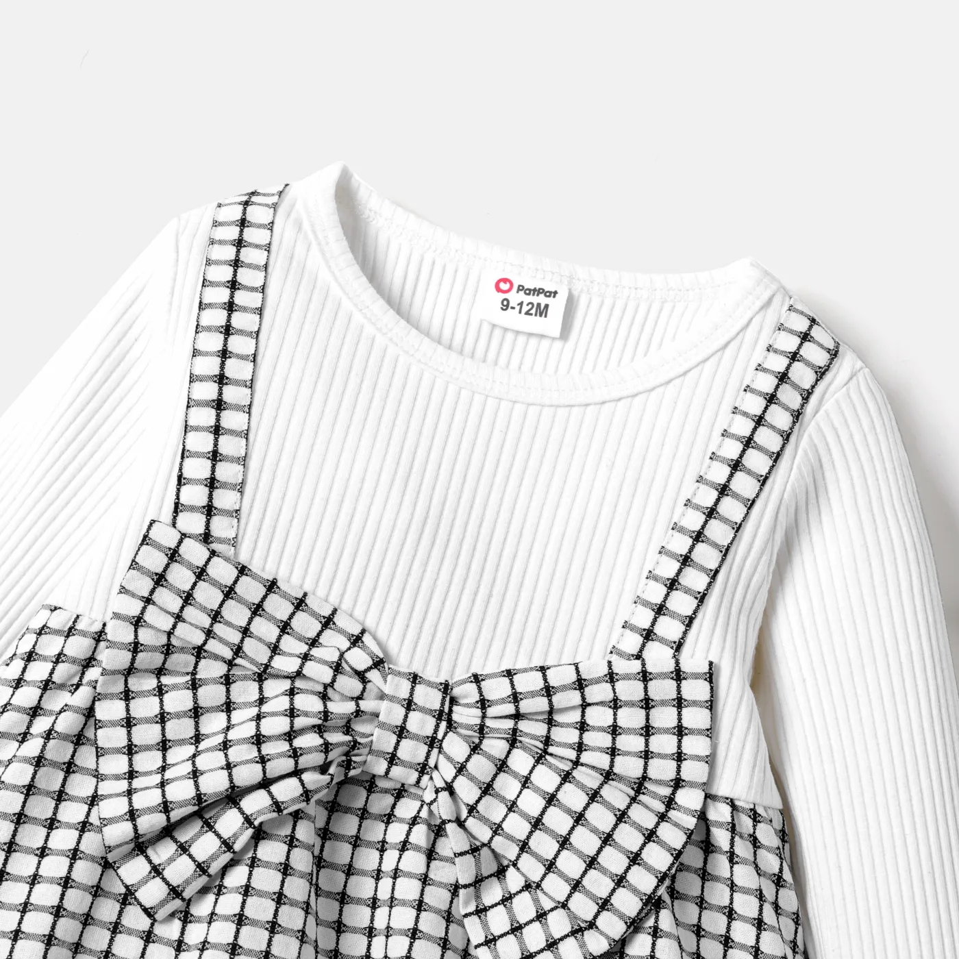 3pcs Baby Girl Solid Cotton Ribbed Long-sleeve Faux-two Gingham Print Bow Front Top and Flared Pants & Headband Set White image 3